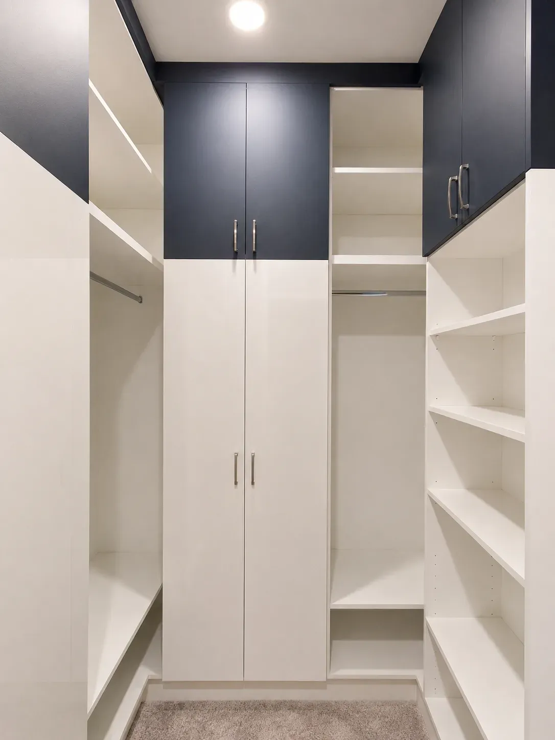 Modern Navy and White Walk-In Closet