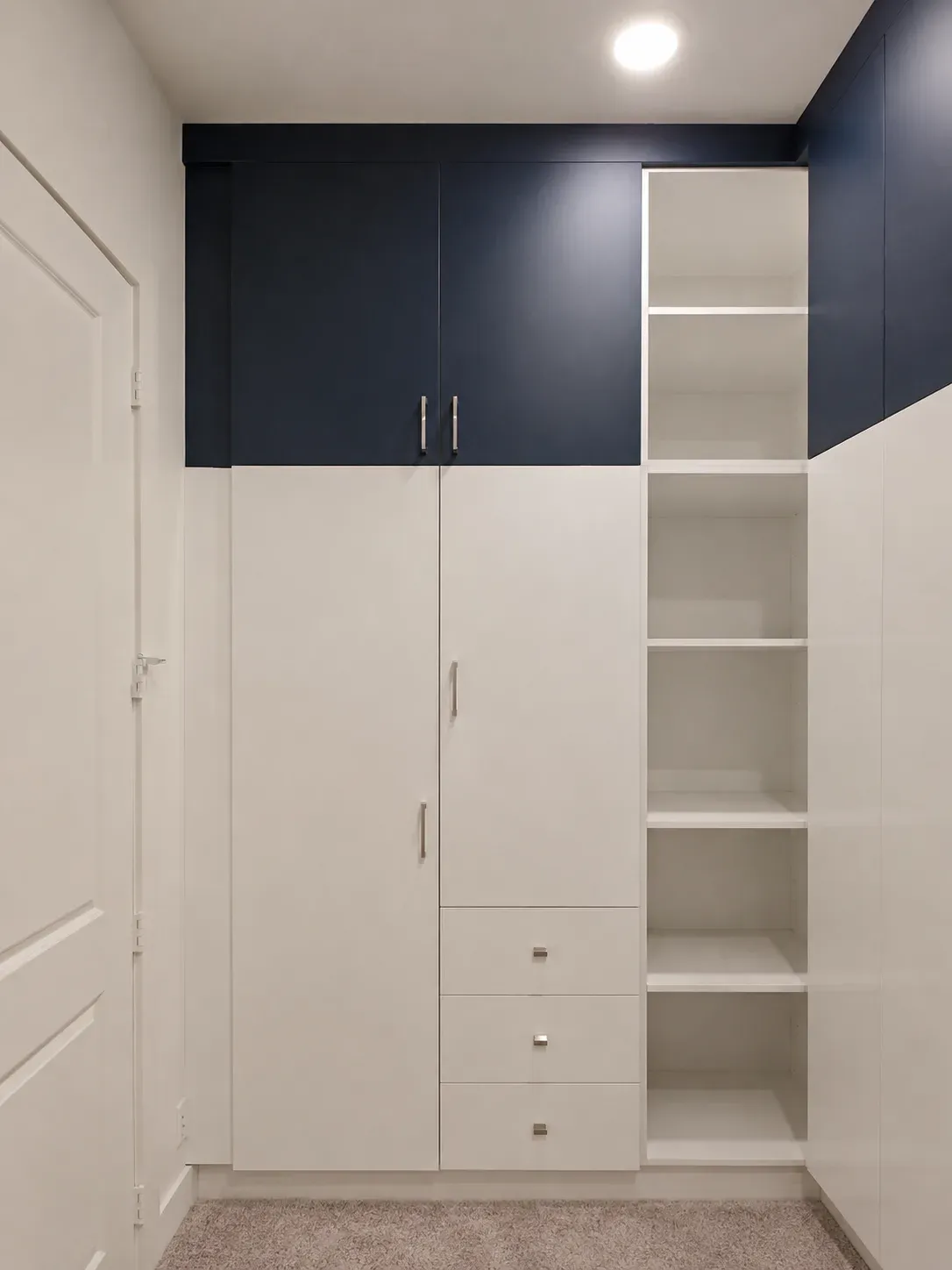 Modern Navy and White Walk-In Closet, detail 2